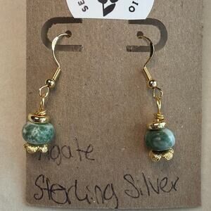 Gemstone Earrings, Spotted Tree Agate, Gold Over Sterling Silver, Flower, Green